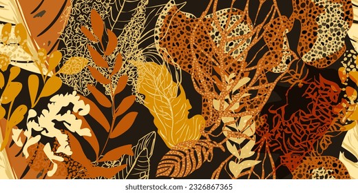 Caída del otoño en Siena quemada Plantas exóticas de selva sin fisuras, flores abstractas, gráficos vectoriales. Perfecto para la moda deportiva, los textiles proyectan una colección de diseños de ilustraciones modernas.