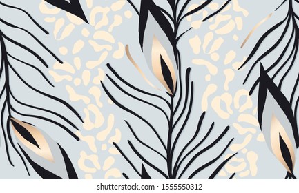 Exotic pattern with leopard skin and peacock feather. Creative contemporary seamless pattern. Fashionable template for design.