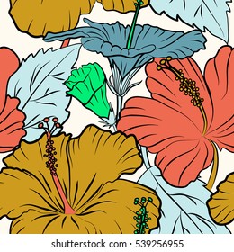 Exotic pattern with many multicolored tropical flowers on a neutral background. Blooming jungle. Multicolor vector illustration.