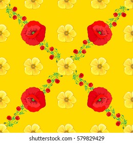 Exotic pattern with many varicolored tropical flowers on a yellow background. Blooming jungle. Motley vector illustration.