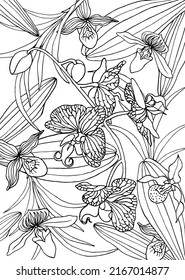 Exotic pattern with orchid flowers and leaves. Line art design for adult or kids coloring page. Outline drawing, doodles. Vector background. Black and white illustration. Linear drawing.