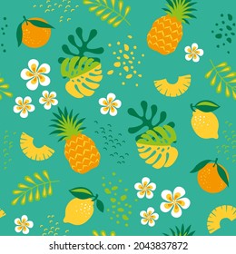 Exotic pattern with pineapples, oranges, lemons, leaves, flowers. Print for gift paper, wrapping, scrapbooking, book covers, textile, fabric, greeting cards. Green background.