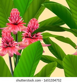 exotic pattern. Red ginger flowers bouquet. Saturated large floral swimwear print. natural texture design. EPS 10