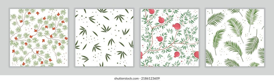Exotic pattern set. Collection of repeating pictures for printing on present wrapping. Flora, trees, tropical foliage and branches. Cartoon flat vector illustrations isolated on grey background