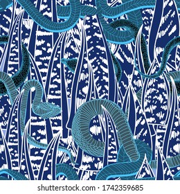 Exotic pattern with snakes. Reptiles pattern. Snakes in the grass. Blue drawing summer bright background. Vector illustration.