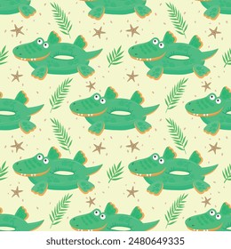An exotic pattern with a swimming circle with crocodiles and palm leaves. Seamless swimming circle wallpaper with crocodiles, palm leaves and starfish. Vector seamless marine pattern.