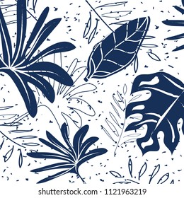 Exotic pattern of tropical bright blue leaves on white background