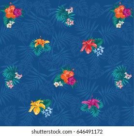 Exotic pattern with tropical leaves and flowers. Hibiscus, palm. Vector illustration.