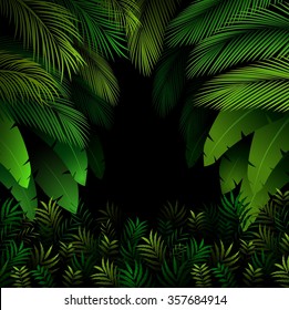Exotic pattern with tropical leaves on dark forest.vector
