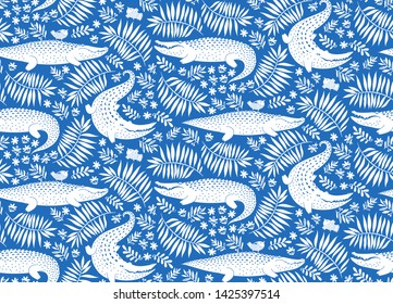 Exotic pattern with tropical leaves of palms trees. Wild crocodiles animals, birds, flowers, plants seamless wallpaper. Vector stylized silhouettes of alligator, bird, flower, palm leaf.