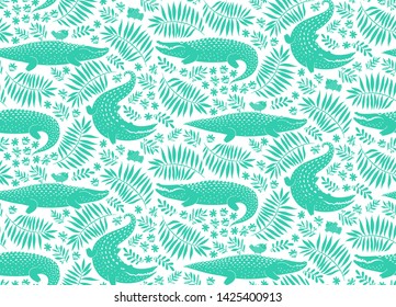 Exotic pattern with tropical leaves of palms trees, crocodiles wild animals, stylized birds, flowers, plants, green tropics foliage. Vector seamless south tropic jungle wildlife background.