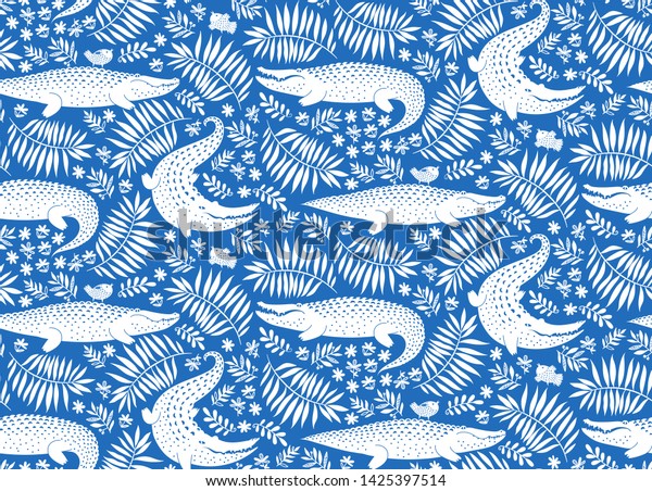Exotic\
pattern with tropical leaves of palms trees. Wild crocodiles\
animals, birds, flowers, plants seamless wallpaper. Vector stylized\
silhouettes of alligator, bird, flower, palm\
leaf.