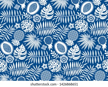 Exotic pattern. Tropical seamless vector deep blue and white background.
