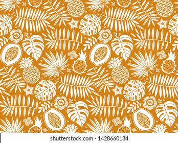 Exotic pattern. Tropical seamless vector background. Pineapple, papaya, palm leaves, flowers doodle hand drawn illustration.