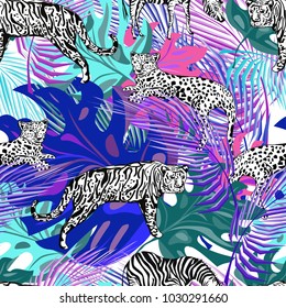 exotic pattern with white leopards on colored tropical leaves, vector illustration