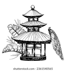 Exotic pavilion with tropical palm leaves and peacock sitting on the roof black and white vector graphic illustration of Asian garden