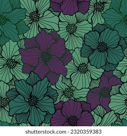 Los peones exóticos florecen un diseño interminable. Fondo floral dibujado a mano. Flor de peonía con pétalos de contorno. Impresión textil. Lector de esténcil de patrón de repetición de verano con flor de pradera.
