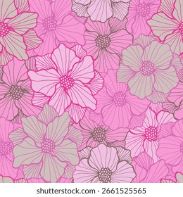 Exótica peonía florece repitiendo la muestra. Composición de ramo dibujado a mano. Flor de peonía con pétalos de contorno. Estampado de tela. Vector de scrapbook de patrón periódico de primavera de floración de prado.