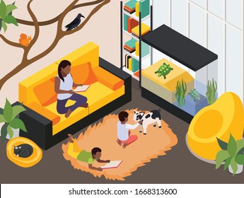 Exotic pet animals home isometric view with turtles in terrarium kids playing with potbellied pig vector illustration 