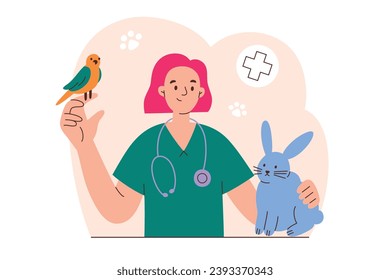 Exotic pet care scene, veterinarian with domestic animals hand drawn composition, vector illustration for vet clinic, female doctor with parrot and rabbit, veterinary appointment