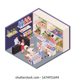 Exotic Pet Shop Assistant Behind Counter Isometric Interior View With Animals Enclosures Food Accessories Customers Vector Illustration 