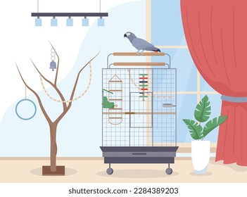 Exotic pets background with tropic parrot flat vector illustration