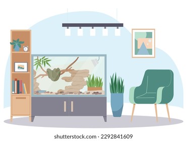 Exotic pets composition with terrarium and snake flat vector illustration