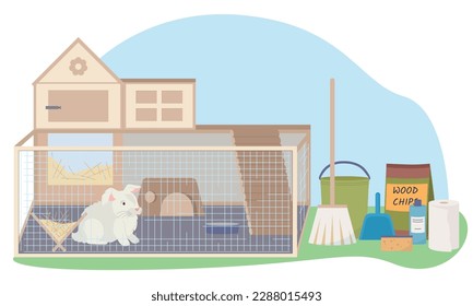 Exotic pets concept with rabbit care symbols flat vector illustration