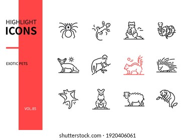 Exotic pets - modern line design style icons set on white background. A collection of animals. Tarantula, gecko, racoon, ball python, fennec fox, skunk, porcupine, wallaby, capybara, slow loris images