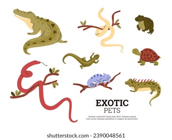 Exotic pets reptiles vector set. Green big frog and guana, turtle, chameleon and lizard on branch, crocodile and snakes. Colorful flat poster with amphibian animals