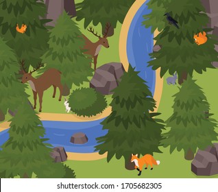 Exotic pets in wild animals natural environment isometric composition with reindeer squirrel fox rabbit hare vector illustration 