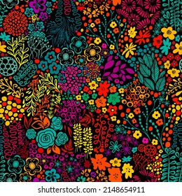 Exotic pheasants with flowers colorful seamless pattern on black background vector illustration