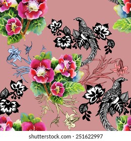 Exotic pheasants with flowers colorful seamless pattern on pink background vector illustration