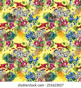 Exotic pheasants with flowers colorful seamless pattern on yellow background vector illustration