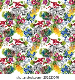Exotic pheasants with flowers colorful seamless pattern on white background vector illustration