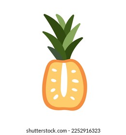 Exotic pineapple fruit, cross section with top leaf. Tropical food, ananas half, cut piece. Sweet natural vitamin eating with yellow flesh. Flat vector illustration isolated on white background