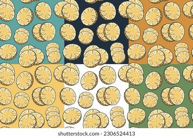 Exotic pineapple fruit juice seamless pattern set for design of summer background. Tropical yellow wallpaper collection with slice of pineapple