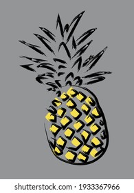 The exotic pineapple fruit is painted with a brush. For printing on poster, clothes, decorative pillows, tea towels, napkins, notebooks. Vector graphics. Gray background.