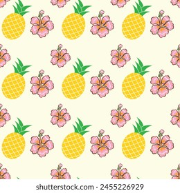 Exotic Pineapple And Hibiscus Seamless Vector Pattern Design