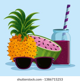 exotic pineapple and watermelon with beverage and sunglasses