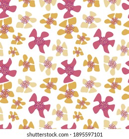 Exotic pink, beige, yellow flowers and dots.Vector illustration. Floral pattern. White background. Suitable for fabric, wallpaper, notebooks, diaries, brochures, books, posters, backgrounds, covers