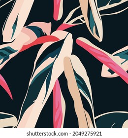 Exotic pink blue bright leaves seamless pattern on black background.