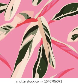 Exotic pink bright leaves seamless pattern on pink background.