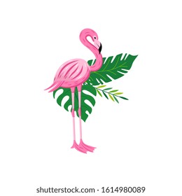 Exotic pink flamingo bird on tropical leaves backdrop, flat cartoon vector illustration isolated on white background. Summer design for prints and stickers.