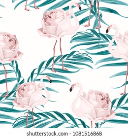 Exotic pink flamingo birds with body tail wings feathers as rose flowers. Tropical jungle forest green palm tree leaves branches. Seamless pattern texture for fashion, fabric, textile, decoration.