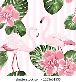 Exotic pink flamingo birds couple. Bright camelia flowers. Tropical monstera philodendron green leaves. Trendy seamless pattern with vertical stripes background. Vector design illustration.