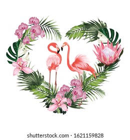 Exotic pink flamingo birds couple with leaves and flowers. Beal to beak. Heart shape. Mating season. Detailed vector design illustration on vertical stripes background. Valentine. T shirt print.