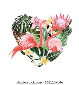 Exotic pink flamingo birds couple with leaves and flowers. Beal to beak. Heart shape. Mating season. Detailed vector design illustration on vertical stripes background. Valentine. T shirt print.