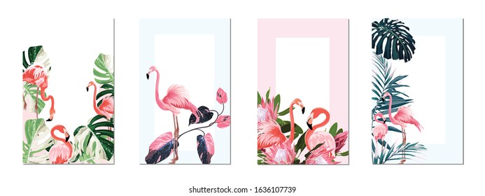 Exotic pink flamingo birds with leaves and flowers. Beal to beak. Card template set. Mating season. Detailed vector design illustration. Valentine.