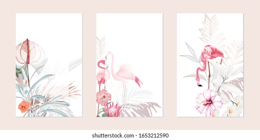 Exotic pink flamingo birds with leaves and flowers. Golden element. Card template set. Detailed vector design illustration. Valentine. Wedding.